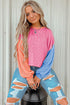 Soft Ribbed Texture Crew Neck Color Block Pullover Top