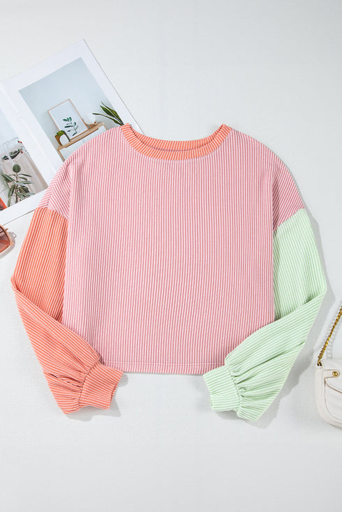 Soft Ribbed Texture Crew Neck Color Block Pullover Top