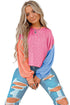 Soft Ribbed Texture Crew Neck Color Block Pullover Top