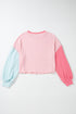 Soft Ribbed Texture Crew Neck Color Block Pullover Top