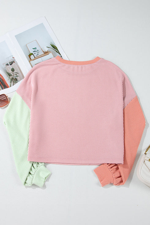 Soft Ribbed Texture Crew Neck Color Block Pullover Top