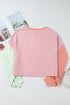 Soft Ribbed Texture Crew Neck Color Block Pullover Top