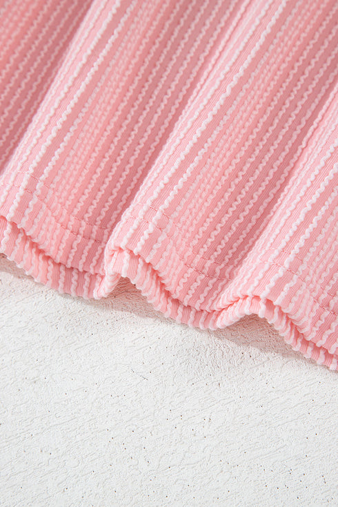 Soft Ribbed Texture Crew Neck Color Block Pullover Top