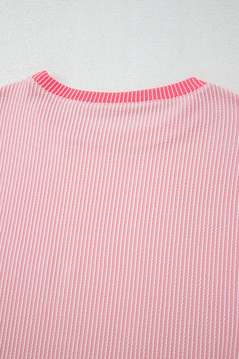 Soft Ribbed Texture Crew Neck Color Block Pullover Top