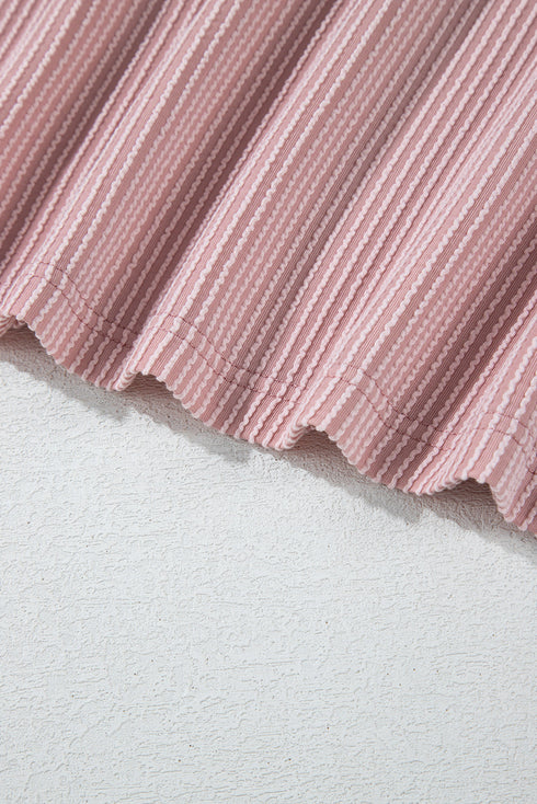 Soft Ribbed Texture Crew Neck Color Block Pullover Top