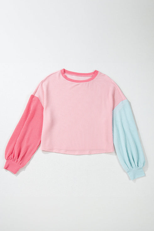 Soft Ribbed Texture Crew Neck Color Block Pullover Top