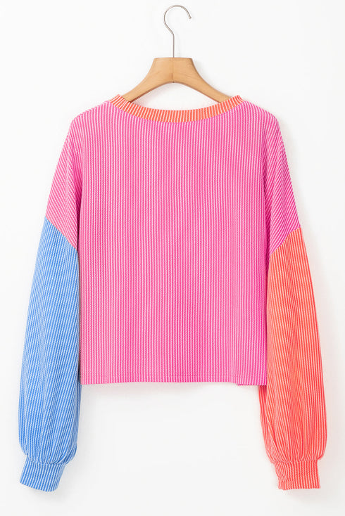 Soft Ribbed Texture Crew Neck Color Block Pullover Top