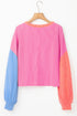Soft Ribbed Texture Crew Neck Color Block Pullover Top