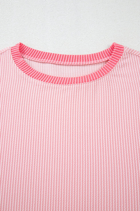 Soft Ribbed Texture Crew Neck Color Block Pullover Top