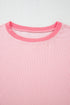 Soft Ribbed Texture Crew Neck Color Block Pullover Top