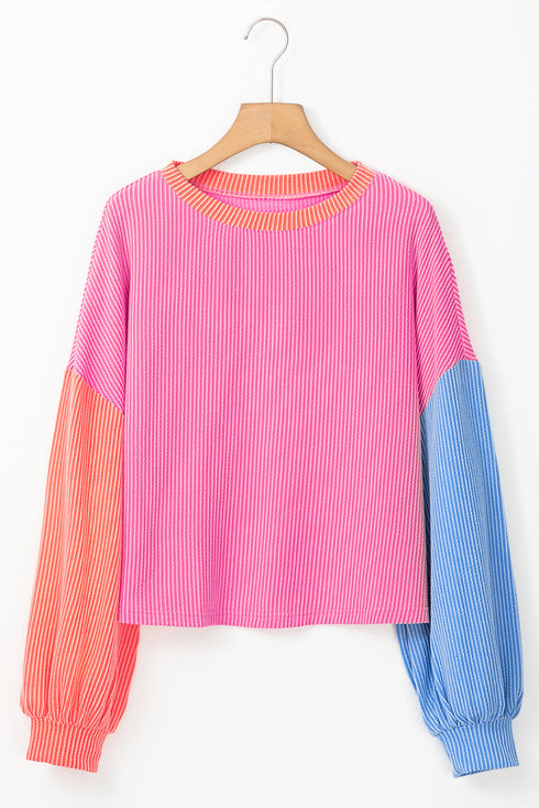 Soft Ribbed Texture Crew Neck Color Block Pullover Top