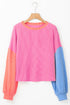 Soft Ribbed Texture Crew Neck Color Block Pullover Top