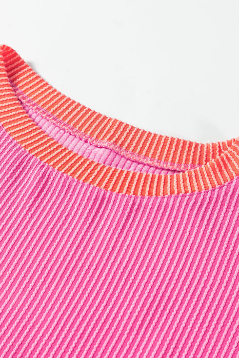 Soft Ribbed Texture Crew Neck Color Block Pullover Top