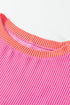 Soft Ribbed Texture Crew Neck Color Block Pullover Top