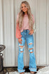 Soft Ribbed Texture Crew Neck Color Block Pullover Top