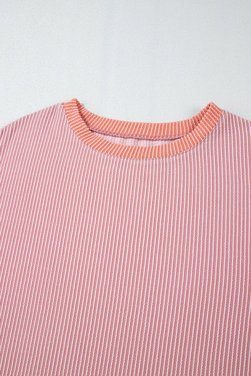 Soft Ribbed Texture Crew Neck Color Block Pullover Top