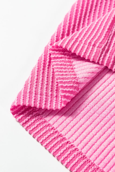 Soft Ribbed Texture Crew Neck Color Block Pullover Top