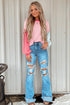Soft Ribbed Texture Crew Neck Color Block Pullover Top
