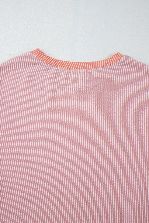 Soft Ribbed Texture Crew Neck Color Block Pullover Top