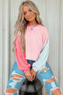 Soft Ribbed Texture Crew Neck Color Block Pullover Top
