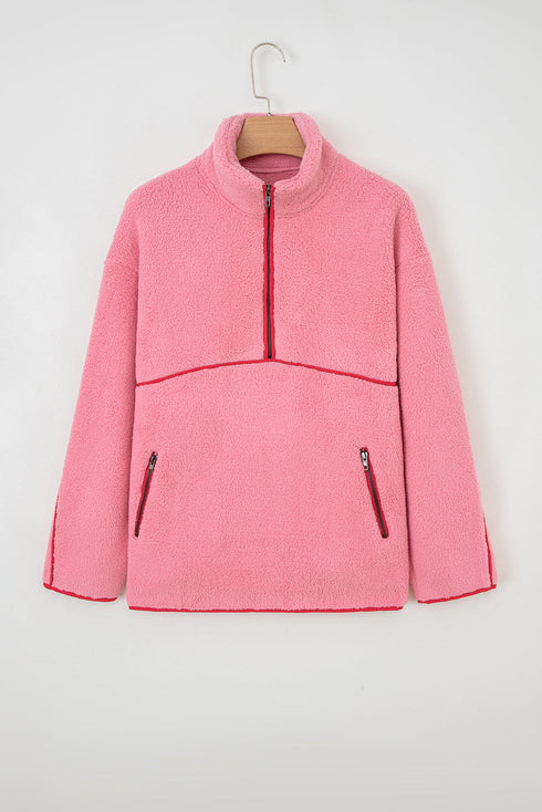 Soft Sherpa Fleece Quarter Zip Contrast Trim Pullover