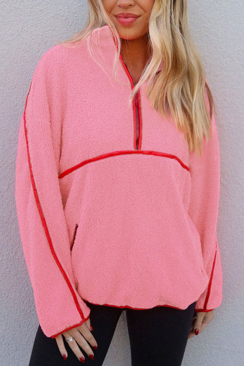 Soft Sherpa Fleece Quarter Zip Contrast Trim Pullover