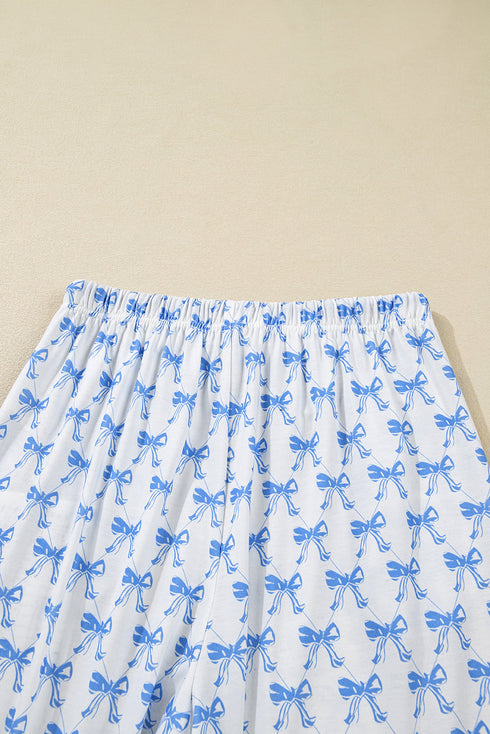 Soft Stretch Bow Print Piped Notched Collar Button Front Wide Leg Pajama Set