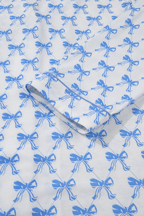 Soft Stretch Bow Print Piped Notched Collar Button Front Wide Leg Pajama Set