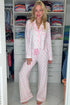Soft Stretch Bow Print Piped Notched Collar Button Front Wide Leg Pajama Set