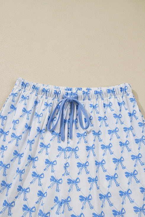 Soft Stretch Bow Print Piped Notched Collar Button Front Wide Leg Pajama Set