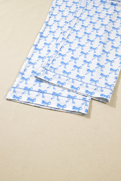 Soft Stretch Bow Print Piped Notched Collar Button Front Wide Leg Pajama Set