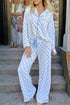 Soft Stretch Bow Print Piped Notched Collar Button Front Wide Leg Pajama Set