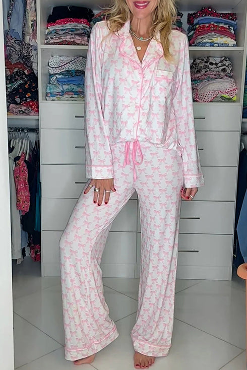 Soft Stretch Bow Print Piped Notched Collar Button Front Wide Leg Pajama Set