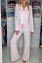 Soft Stretch Bow Print Piped Notched Collar Button Front Wide Leg Pajama Set