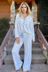 Soft Stretch Bow Print Piped Notched Collar Button Front Wide Leg Pajama Set