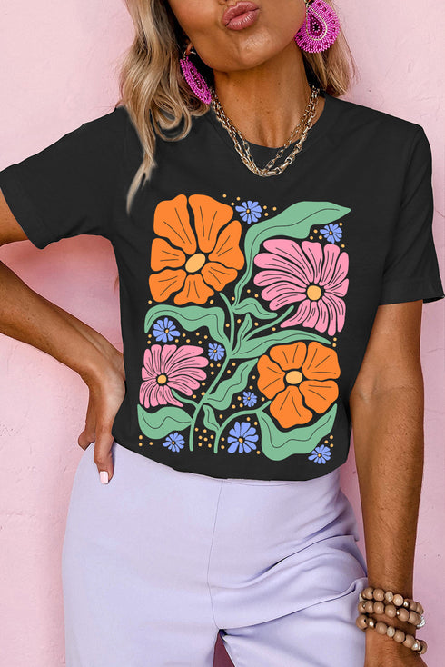 Soft Stretch Floral Graphic Print Crewneck Tee