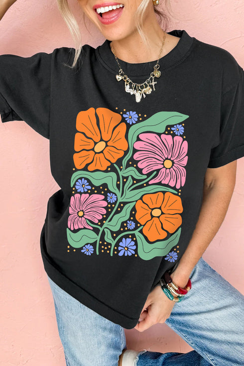 Soft Stretch Floral Graphic Print Crewneck Tee