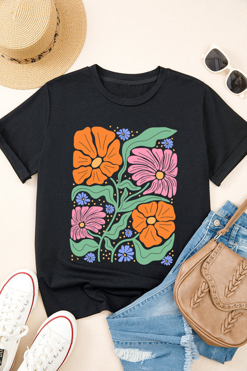 Soft Stretch Floral Graphic Print Crewneck Tee
