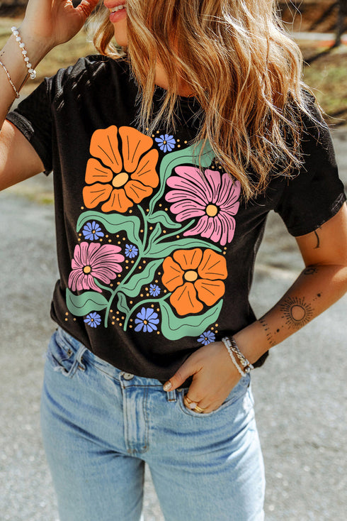 Soft Stretch Floral Graphic Print Crewneck Tee