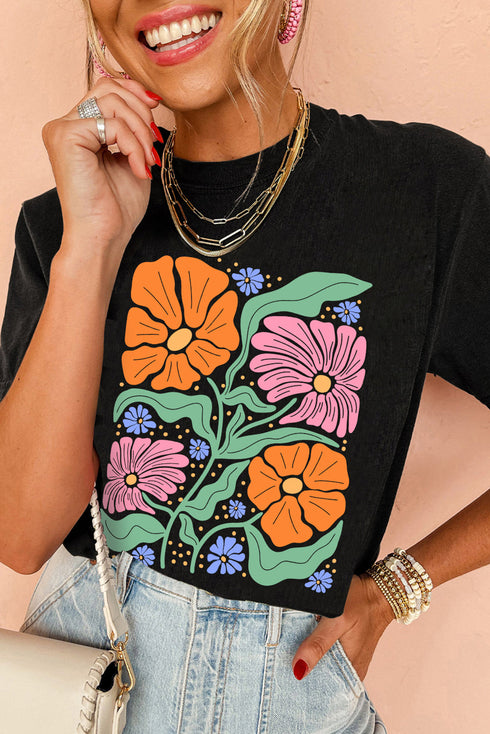 Soft Stretch Floral Graphic Print Crewneck Tee
