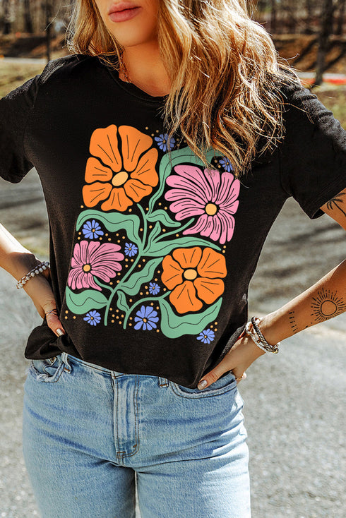 Soft Stretch Floral Graphic Print Crewneck Tee