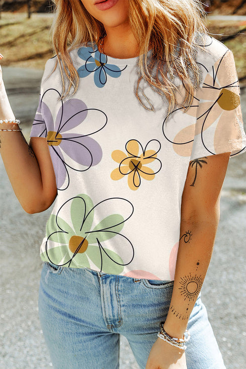 Soft Stretch Floral Print Round Neck Casual Tee