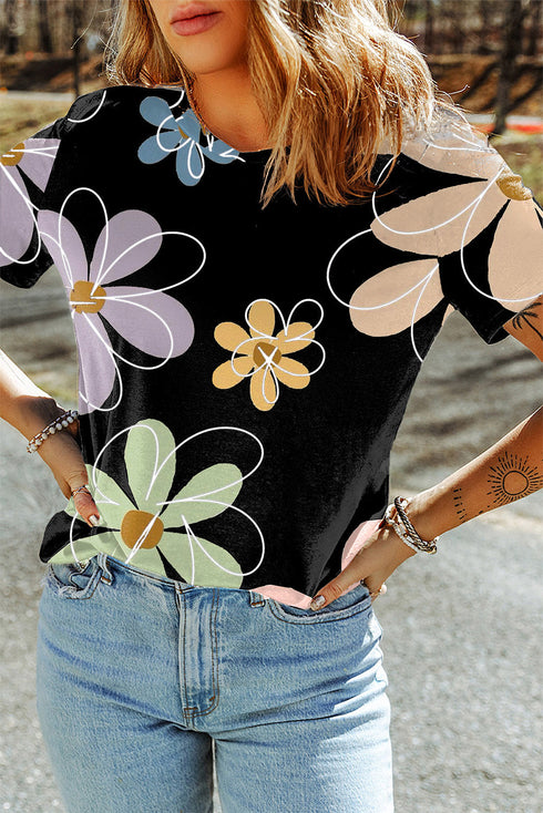 Soft Stretch Floral Print Round Neck Casual Tee