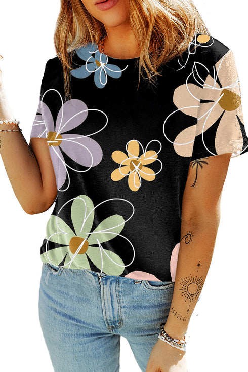Soft Stretch Floral Print Round Neck Casual Tee