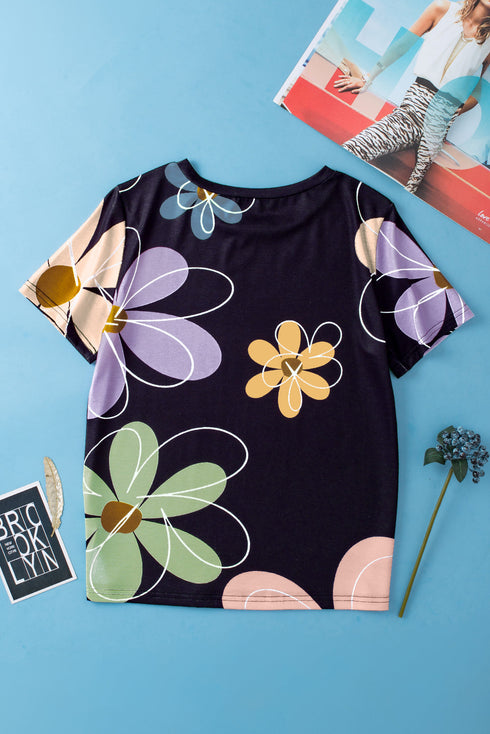 Soft Stretch Floral Print Round Neck Casual Tee