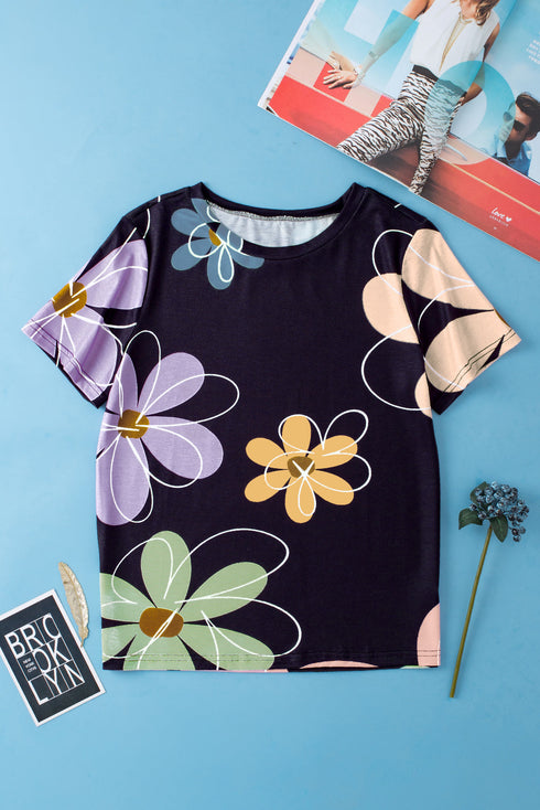 Soft Stretch Floral Print Round Neck Casual Tee