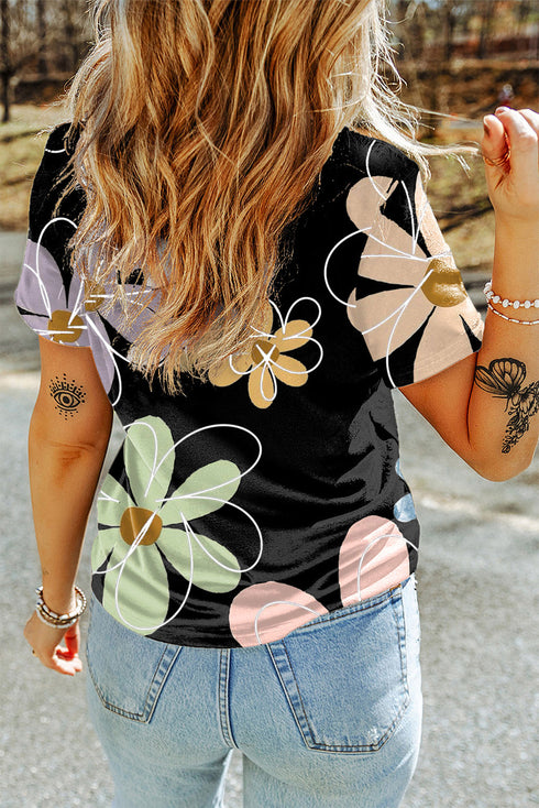 Soft Stretch Floral Print Round Neck Casual Tee