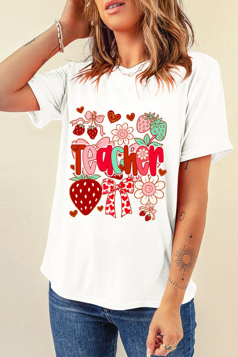 Soft Stretch Floral Strawberry Graphic Teacher T-Shirt