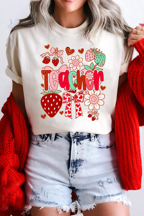 Soft Stretch Floral Strawberry Graphic Teacher T-Shirt