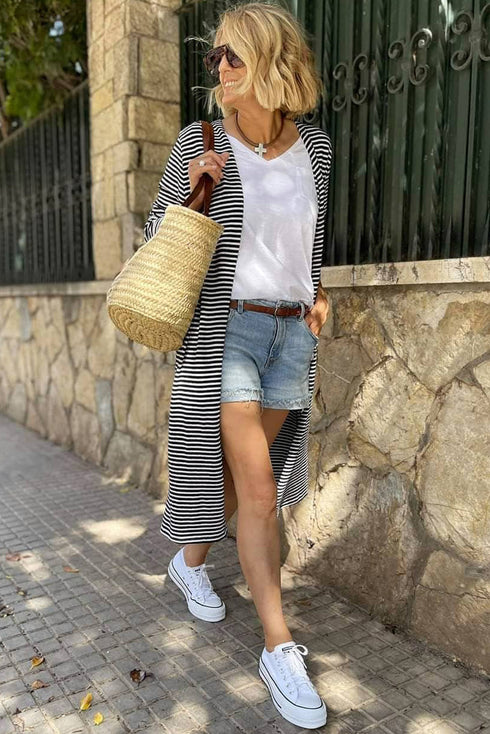 Soft Stretch Knit Striped Long Layering Cardigan